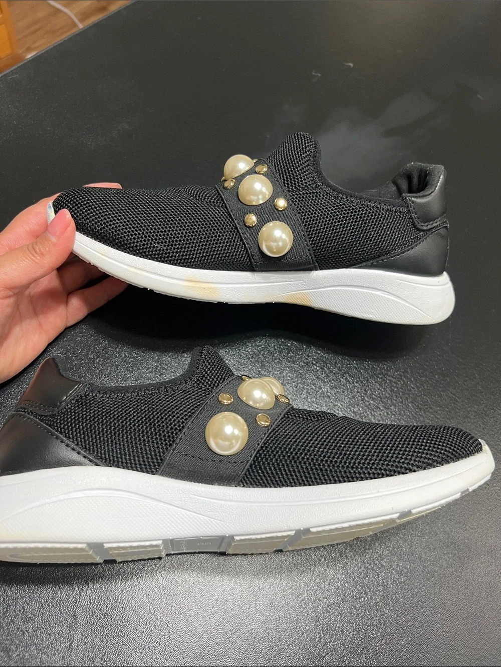Bandolino Black Slip-On Sneakers with Pearl & Gold Studs